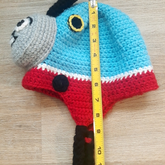 Handmade Thomas the Tank Engine Crochet Knit Ear Flap Hat - 20" Circumference - Picture 8 of 10